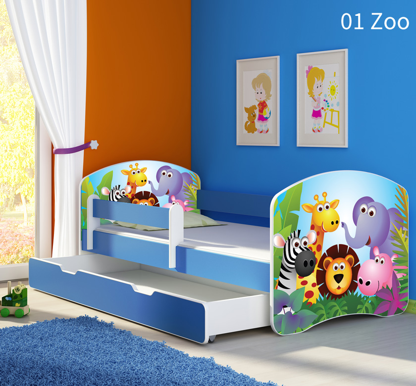 Dječji krevet ACMA s motivom, bočna plava + ladica 140x70 cm
